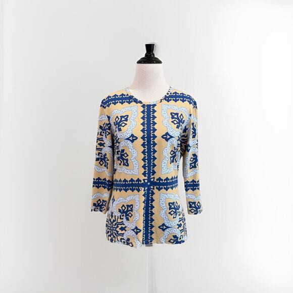 J. McLaughlin Catalina Cloth Top Women’s Size M Tan Blue Print Stretch Shirt - Picture 1 of 11